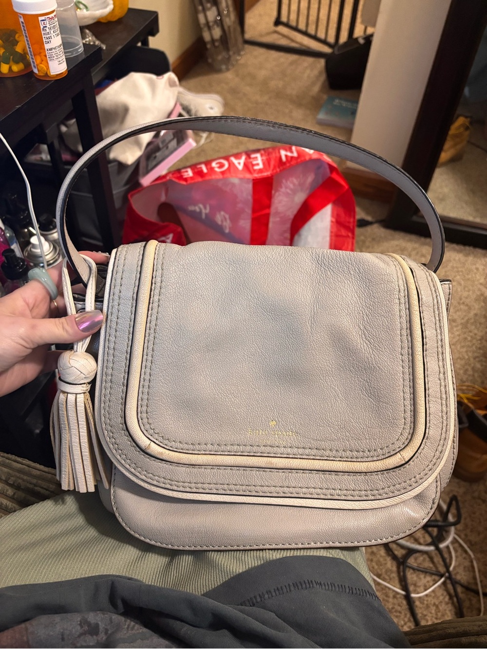 Classic Kate Spade Light Gray Leather Shoulder Bag with Tassel